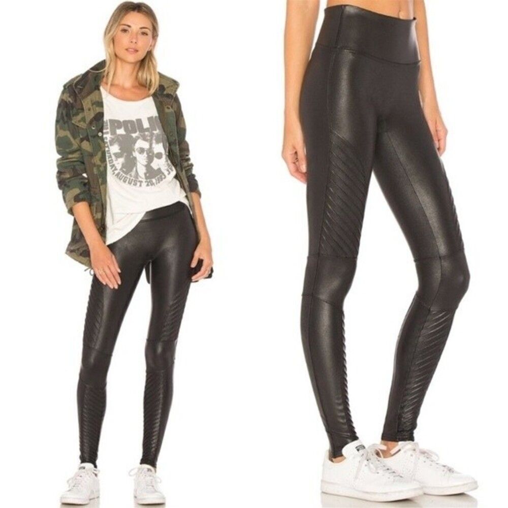 SPANX Faux Leather Moto Leggings Black High Rise Shaping Skinny Biker Size M